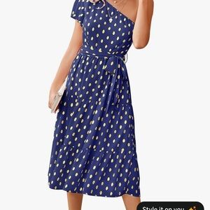 Elegant One-Shoulder Blue and Gold Tiered Chiffon Polka Dot Dress
